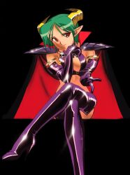Rule 34 | 00s, 1990s (style), boots, cape, carrera, cleavage cutout, clothing cutout, collar, demon, demon girl, elbow gloves, game, gloves, green hair, halterneck, halterneck, high heels, highres, horns, jewelry, looking at viewer, official art, red eyes, retro artstyle, shoes, skull, sogna, demon girl, thighhighs, viper, viper gts