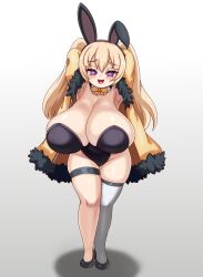 Rule 34 | + +, 1girl, alternate breast size, alternate costume, animal ears, armpits, arms up, azur lane, bache (azur lane), black leotard, blonde hair, blush, bow, bowtie, breasts, cleavage, detached collar, fake animal ears, highres, huge breasts, jacket, leotard, long hair, nav (itsnav), open clothes, open jacket, open mouth, oppai loli, playboy bunny, plump, purple eyes, simple background, single thighhigh, smile, solo, thick thighs, thigh strap, thighhighs, thighs, twintails, very long hair