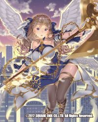 Rule 34 | 1girl, angel wings, axe, braid, breasts, brown eyes, brown hair, building, circlet, cloud, feathers, flying, holding, holding axe, large breasts, long hair, looking at viewer, official art, outdoors, skyline, skyscraper, solo, sparkle, tomiwo, twilight, venus rumble, weapon, white feathers, white wings, wings