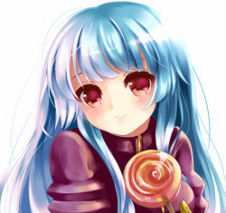 Rule 34 | 1girl, blue hair, blush, candy, gloves, kula diamond, lollipop, long hair, looking at viewer, puracotte, red eyes, smile, solo, swirl lollipop, the king of fighters