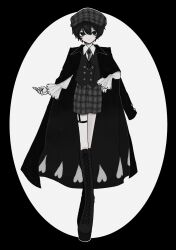 Rule 34 | 1boy, bishounen, black border, black coat, black jacket, black theme, boots, border, buttons, closed mouth, coat, expressionless, frilled cuffs, full body, fusigi nano, hair between eyes, hand on own hip, hat, heart, heart-shaped pupils, heart print, highres, jacket, light blush, looking at viewer, male focus, monochrome, open clothes, open coat, original, outline, plaid, plaid headwear, plaid shorts, short hair, shorts, sleeve cuffs, solo, standing, symbol-shaped pupils, thigh strap, victorian, white background, white outline