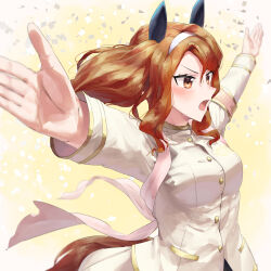 Rule 34 | 1girl, animal ears, blush, brown eyes, brown hair, ear covers, gakuran, hairband, highres, horse ears, horse girl, horse tail, jacket, king halo (noble white cheer attire) (umamusume), king halo (umamusume), long hair, long sleeves, official alternate costume, open mouth, outstretched arms, school uniform, tail, tark (318), umamusume, upper body, white hairband, white jacket
