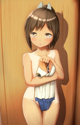 Rule 34 | 10s, 1girl, against wall, black hair, blue one-piece swimsuit, blush, breast hold, breasts, brown eyes, brown hair, clothes in front, collarbone, covering privates, cowboy shot, embarrassed, eyebrows, groin, hair ornament, high ponytail, i-401 (kancolle), indoors, kantai collection, looking at viewer, maku ro, nude, nude cover, one-piece swimsuit, one-piece tan, open mouth, parted bangs, ponytail, school swimsuit, school uniform, serafuku, shadow, shirt, unworn shirt, short hair, short ponytail, sleeveless, sleeveless shirt, small breasts, solo, standing, swimsuit, unworn swimsuit, tan, tanline, thigh gap, wood