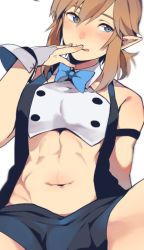 Rule 34 | 1boy, :d, :q, abs, bare shoulders, blonde hair, blue bow, blue eyes, blush, bow, bowtie, link, male focus, midriff, nintendo, open mouth, pointy ears, roda (roda826), shorts, simple background, sitting, sleeveless, smile, solo, spread legs, stomach, the legend of zelda, the legend of zelda: breath of the wild, tongue, tongue out, vest, white background