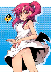 Rule 34 | 1girl, ?, armlet, ass, blush, bottomless, breasts, dress, covered erect nipples, female focus, looking at viewer, looking back, magi the labyrinth of magic, medium breasts, morgiana, no bra, no panties, red eyes, red hair, short hair, side ponytail, solo, tamori tadaji, thighs, wind, wind lift