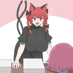 Rule 34 | 2girls, :d, animal ears, black bow, bow, braid, breasts, cat ears, cat girl, cat tail, commentary, desk, dress, english commentary, extra ears, green dress, hair bow, highres, kaenbyou rin, komeiji satori, large breasts, leaning forward, mata (matasoup), multiple girls, multiple tails, open mouth, paper stack, pink background, pink hair, red eyes, red hair, short hair, smile, solo focus, tail, third eye, touhou, twin braids, two-tone background, two tails, white background