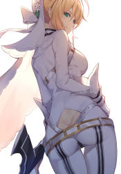 Rule 34 | 10s, 1girl, ahoge, ass, ass cutout, belt, blonde hair, bridal veil, butt crack, closed mouth, clothing cutout, commentary request, cowboy shot, eyelashes, fate/extra, fate/extra ccc, fate (series), from behind, gloves, green eyes, hair between eyes, hair bun, highres, legs together, looking at viewer, looking back, nero claudius (bride) (fate), nero claudius (fate), nero claudius (fate) (all), nian (zhanian), see-through, short hair, simple background, single hair bun, solo, standing, veil, wedgie, white background, white gloves