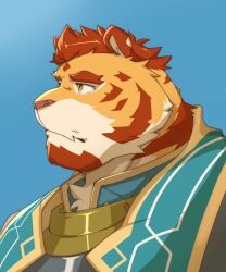 Rule 34 | 1boy, animal ears, another eidos-r, armor, bara, beckkyun, blue background, breastplate, closed mouth, corca (another eidos), facial hair, furry, furry male, goatee, gradient background, highres, huge eyebrows, looking to the side, male focus, muscular, muscular male, orange fur, portrait, profile, red hair, short hair, sideburns, solo, tiger boy, tiger ears