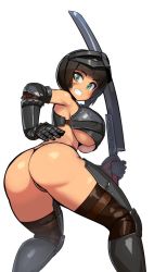 Rule 34 | 1girl, armor, ass, bare shoulders, black hair, black panties, bob cut, breastplate, breasts, cleft of venus, couter, cuirass, cuisses, elbow pads, facial scar, female knight, from behind, from below, gauntlets, greaves, green eyes, holding, holding sword, holding weapon, knee pads, knight, large breasts, looking back, looking down, mask, mask on head, nisetanaka, no bra, original, panties, poleyn, scar, scar on cheek, scar on face, short hair, smile, solo, strap, sword, teeth, thighhighs, underboob, underwear, vambraces, weapon, white background
