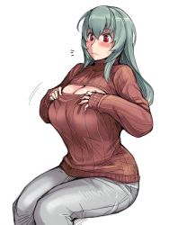 Rule 34 | 1girl, blush, breasts, cleavage, cleavage cutout, clothing cutout, denim, jeans, large breasts, long hair, meme attire, aged up, open-chest sweater, pants, red eyes, ribbed sweater, rozen maiden, silver hair, solo, suigintou, sweatdrop, sweater, tsuda nanafushi, turtleneck