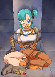 Rule 34 | 1girl, absurdres, arms behind back, bdsm, blush, bondage, bound, bound ankles, breasts, bulma, dragon ball, gag, gagged, goggles, goggles around neck, hair ribbon, highres, improvised gag, legs, lost one zero, medium breasts, ribbon, rope