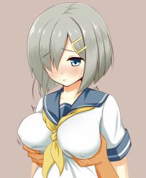 Rule 34 | 10s, 1girl, aria (okuda08808008), blouse, blue eyes, blush, grabbing another&#039;s breast, breasts, covered erect nipples, grabbing, hair ornament, hair over one eye, hairclip, hamakaze (kancolle), highres, kantai collection, large breasts, nipples, open mouth, pleated skirt, school uniform, serafuku, shirt, short hair, short sleeves, skirt, solo focus, upper body, white hair