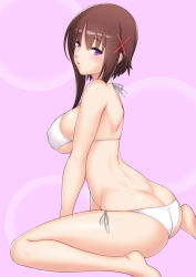 Rule 34 | 10s, 1girl, ass, bikini, breasts, brown hair, butt crack, hagino chiaki, hair ornament, halterneck, halterneck, hinako note, large breasts, leaning forward, lintanghaseo, lips, long hair, looking at viewer, parted lips, purple eyes, short hair with long locks, simple background, sitting, skindentation, swimsuit, thighs, wariza, white bikini, x hair ornament