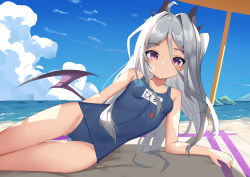 Rule 34 | 1girl, absurdres, animal ears, arm support, beach, blue archive, blue one-piece swimsuit, blue sky, cloud, cloudy sky, collarbone, commentary request, demon girl, demon horns, demon wings, eyes visible through hair, hair between eyes, hair ornament, hairclip, halo, highres, hina (blue archive), hina (swimsuit) (blue archive), horns, horse ears, long hair, looking at viewer, lying, name tag, ocean, old school swimsuit, on side, one-piece swimsuit, purple eyes, sakutaishi, school swimsuit, sidelocks, silver hair, sky, solo, swimsuit, whistle, whistle around neck, wings