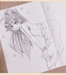 Rule 34 | 1girl, anjerain, bent over, bracelet, dress, flat chest, flower, ganaha hibiki, graphite (medium), greyscale, hair behind ear, hands on own knees, highres, idolmaster, idolmaster (classic), jewelry, long hair, looking at viewer, monochrome, photo (medium), ponytail, smile, solo, traditional media