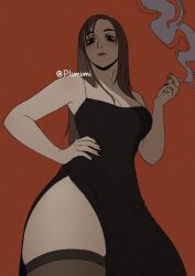 Rule 34 | 1girl, absurdres, black dress, black nails, breasts, brown eyes, brown hair, cigarette, cleavage, closed mouth, dress, fingernails, hand on own hip, highres, holding, holding cigarette, ieiri shoko, jujutsu kaisen, large breasts, lipstick, long hair, makeup, mole, mole under eye, nail polish, plimimi, shadow, short dress, signature, smoke, smoking, thighhighs, thighs, twitter username