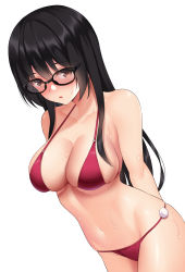 Rule 34 | 1girl, absurdres, arms behind back, bikini, black-framed eyewear, black hair, blush, breasts, brown eyes, cleavage, closed mouth, collarbone, glasses, halterneck, highres, huyumitsu, long hair, looking at viewer, medium breasts, navel, o-ring, o-ring bikini, o-ring top, original, pom pom (clothes), red bikini, simple background, skindentation, solo, standing, stomach, straight hair, swimsuit, white background