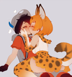 Rule 34 | 10s, 2girls, animal ears, artist name, backpack, bag, black hair, blonde hair, blush, cat tail, clothes lift, commentary, dated, elbow gloves, closed eyes, full-face blush, gloves, hands on another&#039;s face, hat, heart, kaban (kemono friends), kemono friends, kiss, multiple girls, pantyhose, scarf, serval (kemono friends), serval print, serval tail, shorts, sitting, sitting on lap, sitting on person, skindentation, skirt, skirt lift, spotted skirt, steam, sweat, tail, thighhighs, triuni, yuri