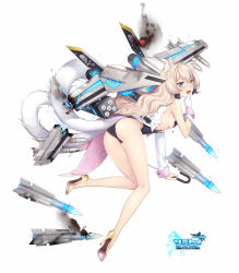 Rule 34 | 1girl, ace virgin, aircraft, airplane, ass, asymmetrical sleeves, black leotard, blonde hair, blue eyes, f-14 tomcat, fhalei, full body, gloves, heterochromia, high heels, highres, holding, holding stick, holding sword, holding weapon, jacket, jolly roger, leotard, looking at viewer, mecha musume, multiple tails, open mouth, simple background, solo, standing, standing on one leg, stick, sword, tail, torn clothes, two tails, uneven sleeves, weapon, white background, white gloves, white jacket, yellow eyes