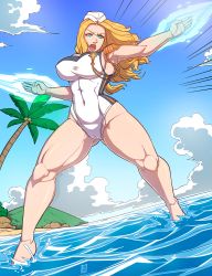 Rule 34 | 1girl, absurdres, alex mendez, alternate costume, alternate hairstyle, attack, beach, blonde hair, blue eyes, breasts, cloud, coconut, coconut tree, competition swimsuit, epaulettes, eyebrows, eyelashes, fighting, fighting stance, gluteal fold, hat, highres, ice, kolin, large breasts, lips, long hair, muscular, muscular female, navel, ocean, one-piece swimsuit, palm tree, parted lips, sky, solo, splashing, standing, standing in water, street fighter, street fighter v, swimsuit, thick lips, thick thighs, thighs, tree, wide hips