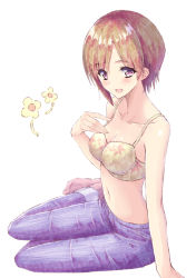 Rule 34 | 1girl, :d, aiba yumi, aramachi, bare shoulders, blush, bra, breasts, brown hair, cleavage, collarbone, denim, floral print, flower, full body, hand on own chest, hand up, highres, idolmaster, idolmaster cinderella girls, jeans, looking at viewer, medium breasts, navel, no shoes, open mouth, pants, pink socks, print bra, purple eyes, short hair, simple background, sitting, smile, socks, solo, stomach, tareme, underwear, white background, yellow bra, yellow flower, yokozuwari