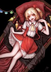 Rule 34 | 1girl, ascot, belt, blonde hair, clothes lift, coffin, collar, fangs, fingernails, flandre scarlet, frilled collar, frills, from above, hair ribbon, highres, knees together feet apart, layered skirt, legs together, looking at viewer, lying, nail polish, nishi masakazu, no headwear, on back, open clothes, open mouth, open vest, petticoat, pillow, pointy ears, puffy short sleeves, puffy sleeves, red eyes, red nails, red skirt, red vest, ribbon, sharp fingernails, short hair, short sleeves, side ponytail, skirt, skirt lift, slit pupils, solo, touhou, vampire, vest, wings