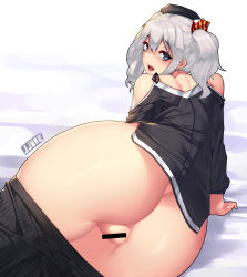 Rule 34 | 10s, 1girl, ass, bar censor, blue eyes, blush, censored, formal, highres, jjune, kantai collection, kashima (kancolle), long hair, looking back, open mouth, pant suit, pants, silver hair, solo, suit, twintails, wavy hair