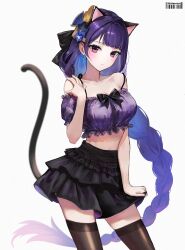 Rule 34 | 1girl, absurdres, alternate costume, animal ears, artist name, bad id, bad twitter id, barcode, bare shoulders, black bow, black skirt, black tail, black thighhighs, blue hair, blush, bow, braid, breasts, cat ears, cat girl, cat tail, cleavage, closed mouth, collarbone, contrapposto, cowboy shot, crop top, dot nose, earrings, expressionless, floating hair, flower, frilled shirt, frilled skirt, frills, genshin impact, gradient hair, hair bow, hair flower, hair intakes, hair ornament, hand on own shoulder, hand up, highres, jewelry, kemonomimi mode, long hair, looking at viewer, low-braided long hair, low-tied long hair, medium breasts, midriff, miniskirt, multicolored hair, off-shoulder shirt, off shoulder, plaid, plaid shirt, puffy short sleeves, puffy sleeves, purple eyes, purple flower, purple hair, purple shirt, raiden shogun, shirt, shirt bow, short sleeves, sidelocks, simple background, single braid, skindentation, skirt, skirt hold, solo, spaghetti strap, swept bangs, tail, tail raised, thighhighs, thighs, very long hair, white background, wisp (illothewisp), zettai ryouiki