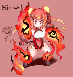 Rule 34 | 1girl, animal ears, bracelet, braid, character name, chibi, china dress, chinese clothes, covered navel, dress, fighting stance, fire, flame-tipped tail, framed breasts, french braid, full body, gloves, hinezumi (monster girl encyclopedia), jewelry, long hair, monster girl, monster girl encyclopedia, mouse ears, mouse tail, red background, red eyes, red gloves, red hair, red theme, shadow, side slit, simple background, sleeveless, smile, solo, spiked bracelet, spikes, tail, tokamaku, twintails