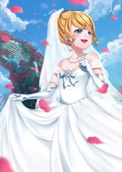 Rule 34 | 1girl, :d, absurdres, arch, blonde hair, blue eyes, blue sky, blush, bow, breasts, bridal veil, bride, cleavage, cloud, collarbone, day, dress, earrings, elbow gloves, floral arch, flower, from below, gloves, hair bun, hair ornament, hairclip, highres, huge filesize, inu8neko, jewelry, kagamine rin, long dress, necklace, off-shoulder dress, off shoulder, open mouth, outdoors, petals, rose, short hair, single hair bun, skirt hold, sky, sleeveless, sleeveless dress, small breasts, smile, solo, standing, swept bangs, veil, vocaloid, wedding dress, white bow, white dress, white flower, white gloves, white rose