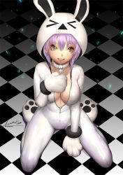 Rule 34 | 1girl, animal hands, animal hood, ariverkao, bodysuit, breasts, checkered floor, cleavage, collar, dated, from above, gloves, grey eyes, hood, hooded bodysuit, large breasts, lips, looking at viewer, original, paw gloves, paw shoes, purple hair, rabbit hood, shoes, short hair, signature, sitting, smile, solo, teeth, unzipped, wariza, zipper, zipper pull tab