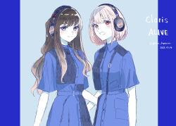 Rule 34 | 2girls, absurdres, blonde hair, blue background, blue dress, brown hair, closed mouth, collared dress, commentary request, dated, dress, hand on another&#039;s waist, headphones, highres, inoue takina, long hair, looking at viewer, lycoris recoil, lycoris uniform, medium hair, multiple girls, nishikigi chisato, open mouth, purple eyes, red eyes, short sleeves, smile, twitter username, upper body, yuri kyanon