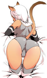 Rule 34 | 00s, 1girl, animal ears, ass, bed sheet, cat ears, cat girl, cat tail, elbow gloves, fat mons, female focus, final fantasy, final fantasy xi, from behind, gloves, grey thighhighs, hasaki (pixiv615567), kimky, leotard, looking back, lying, mithra (ff11), presenting, short hair, skindentation, solo, swept bangs, tail, tan, thighhighs, top-down bottom-up, white hair