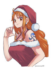 Rule 34 | 1girl, alternate costume, aosora2823, arm tattoo, blush, breasts, cropped torso, finger to cheek, fur-trimmed headwear, fur-trimmed shirt, fur trim, hat, highres, large breasts, looking at viewer, nami (one piece), off-shoulder shirt, off shoulder, one piece, orange hair, red hat, red shirt, santa costume, santa hat, shirt, sidelocks, smile, solo, tattoo, upper body