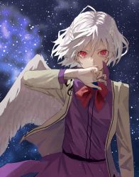 Rule 34 | 1girl, braid, commentary request, covering own mouth, cowboy shot, dress, feathered wings, french braid, hand up, highres, jacket, kishin sagume, long sleeves, looking at viewer, nanasuou, nebula, neck ribbon, popped collar, purple dress, red eyes, red ribbon, ribbon, short hair, single wing, sky, slit pupils, solo, star (sky), starry sky, touhou, white hair, white jacket, white wings, wings