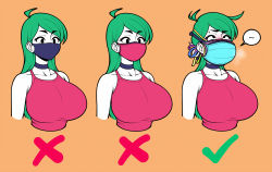 Rule 34 | 1girl, ahegao, ahoge, armpit crease, arms at sides, bare shoulders, black eyes, blue choker, blue mask, breasts, breath, choker, cleavage, collarbone, commentary, cropped torso, english commentary, green hair, highres, jam-orbital, large breasts, long hair, mask, mouth mask, multiple masks, multiple views, no pupils, orange background, original, pink mask, pink shirt, shirt, simple background, speech bubble, surgical mask, swept bangs, tank top, tight clothes, tight shirt, upper body, yellow mask