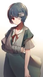 Rule 34 | 1girl, ayanami rei, bad id, bad pixiv id, bandaged head, bandages, eyepatch, gradient background, grey hair, grey shirt, grey skirt, looking at viewer, neck ribbon, neon genesis evangelion, popupi, red eyes, red ribbon, ribbon, shirt, short hair, short sleeves, skirt, solo, standing, white background