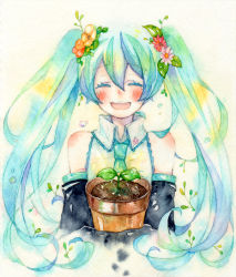 Rule 34 | 1girl, aqua hair, bad id, bad pixiv id, bare shoulders, blush, closed eyes, detached sleeves, female focus, flower, gradient background, hair flower, hair ornament, harutou (ticta), hatsune miku, hello planet (vocaloid), long hair, necktie, open mouth, painting (medium), plant, potted plant, smile, solo, tears, traditional media, twintails, upper body, vocaloid, watercolor (medium), white background