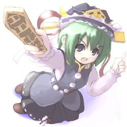 Rule 34 | 1girl, black eyes, bow, female focus, foreshortening, full body, gradient background, green hair, hat, lowres, open mouth, pointing, ribbon, rod of remorse, shiki eiki, shoes, short hair, simple background, skirt, solo, touhou, tsubasa (abchipika)