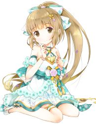 Rule 34 | 1girl, bad id, bad pixiv id, bare shoulders, blush, bow, brown eyes, brown hair, closed mouth, criss-cross halter, dress, earrings, floral print, full body, green bow, hair bow, halterneck, head tilt, high heels, high ponytail, idolmaster, idolmaster cinderella girls, jewelry, long hair, looking at viewer, ratryu, shoes, simple background, sitting, sleeveless, sleeveless dress, smile, solo, very long hair, wariza, white background, yorita yoshino