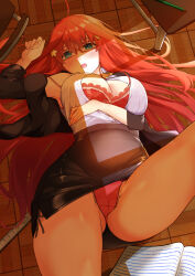 Rule 34 | 1girl, ahoge, arm under breasts, arm up, armpits, black skirt, blue eyes, blush, bra, breasts, cleavage, fallen down, feet out of frame, glasses, gluteal fold, go-toubun no hanayome, gusset, hair ornament, hairclip, indoors, lace, lace bra, large breasts, long hair, looking at viewer, lying, nakano itsuki, notebook, off shoulder, on back, on floor, open clothes, open mouth, open shirt, panties, pantyshot, pencil skirt, rectangular eyewear, red-framed eyewear, red bra, red hair, red panties, skirt, solo, teacher, thighs, underwear, very long hair, yakutashi