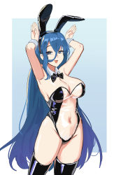 Rule 34 | 1girl, :d, absurdres, animal ears, armpits, bare arms, bare shoulders, black bow, black bowtie, black thighhighs, blue hair, border, bow, bowtie, breasts, cleavage, cokeanut10, commentary request, covered navel, cowboy shot, detached collar, fake animal ears, hair between eyes, hands up, highleg, highleg leotard, highres, large breasts, latex, latex legwear, latex thighhighs, legs apart, leotard, long hair, looking at viewer, meme attire, multicolored hair, open mouth, original, playboy bunny, rabbit pose, see-through, see-through leotard, simple background, smile, solo, strapless, strapless leotard, streaked hair, thighhighs, thighs, translucent bunnysuit, two-tone background, very long hair, white border, wrist cuffs