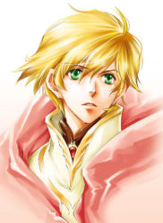Rule 34 | 1boy, blonde hair, brooch, cloak, green eyes, high collar, hiiragi yuki (escape club), jewelry, jomy marquis shin, looking away, male focus, parted lips, simple background, solo, toward the terra, upper body, white background