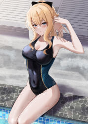 Rule 34 | 1girl, absurdres, arm up, armpits, black bow, black bowtie, blonde hair, blue eyes, bow, bowtie, breasts, cleavage, commentary request, competition swimsuit, covered navel, genshin impact, hair between eyes, highres, jean (genshin impact), long hair, looking at viewer, medium breasts, one-piece swimsuit, pool, poolside, sidelocks, soaking feet, solo, stretching, swimsuit, thighs, yamikyon