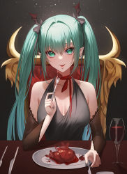 Rule 34 | 1girl, ame 816, aqua hair, bare shoulders, black background, black bow, black dress, blush, bow, breasts, chair, cleavage, collarbone, crossed bangs, cup, detached sleeves, dress, drinking glass, fork, green eyes, hair bow, hair ornament, hatsune miku, heart (organ), highres, knife, long hair, long sleeves, looking at viewer, medium breasts, plate, pointy ears, sitting, smile, solo, tongue, tongue out, twintails, upper body, vocaloid, wine glass