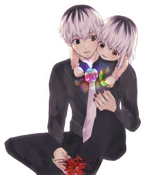 Rule 34 | 1boy, 1girl, absurdres, bad id, bad pixiv id, black hair, black nails, black pants, black shirt, blush, father and daughter, flower, grey hair, grey neckwear, highres, holding, holding flower, hug, kaneki ichika, knee up, looking at another, multicolored flower, multicolored hair, multicolored rose, nail polish, necktie, pants, pink flower, pink rose, red eyes, red flower, rose, sasaki haise, shirt, short hair, simple background, smile, spider lily, tokyo ghoul, tokyo ghoul:re, toukaairab, two-tone hair, white background, white hair
