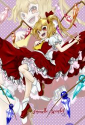 Rule 34 | 1-05, 1girl, back bow, blonde hair, bloomers, bow, brown fur, character name, crystal, flandre scarlet, hair between eyes, hair bow, hand on own chest, highres, long hair, multicolored wings, one side up, open mouth, petticoat, puffy short sleeves, puffy sleeves, purple background, red bow, red eyes, red footwear, red skirt, red vest, shirt, short sleeves, skirt, skirt set, socks, solo, teeth, touhou, underwear, vest, white bloomers, white bow, white shirt, white socks, wings, zoom layer