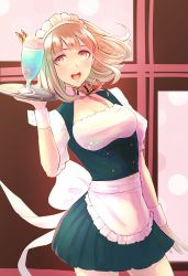 Rule 34 | 1girl, :d, alternate costume, apron, breasts, brown background, brown hair, cleavage, commentary request, danganronpa (series), danganronpa 2: goodbye despair, dress, enmaided, food, glass, gradient background, green dress, grey background, hair ornament, holding, holding tray, ice cream, large breasts, looking at viewer, maid, maid headdress, medium hair, nanami chiaki, open mouth, pink eyes, puffy short sleeves, puffy sleeves, revision, riou (pooh920), short dress, short sleeves, smile, solo, teeth, tray, upper teeth only, waist apron, wrist cuffs