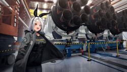 Rule 34 | 1girl, absurdres, animal ears, azur lane, black jacket, blush, commission, fake animal ears, falcon heavy, hanabusaraleigh, hands in pockets, hangar, highres, jacket, long hair, looking at viewer, nasa logo, open clothes, open jacket, open mouth, prinz heinrich (azur lane), red eyes, second-party source, shirt, smile, solo