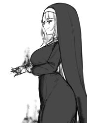 Rule 34 | black dress, blunt bangs, breasts, coif, cowboy shot, cross, cross facial mark, cross tattoo, dress, facial mark, from side, greenopi, greyscale, highres, large breasts, long hair, long sleeves, looking at viewer, monochrome, nun, original, simple background, smile
